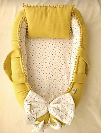 % 100 Pamuklu Waffle Pike, Poplin Kumaş Ponponlu Babynest + Yastık Hardal Yıldız