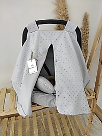 Çift Taraflı Puset Örtüsü+puset Minderi+puset Çarşafı 3'lü Set Düz Gri-puantiyeli