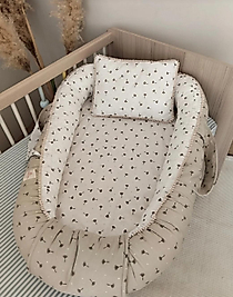 % 100 Pamuklu Poplin Kumaş Minik Sıralı Şerit Ponpon Süslemeli Babynest + Yastık Hindiba TAŞ RENGİ