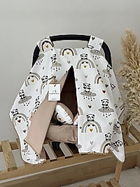 Çift Taraflı Puset Örtüsü Puset Minderi Puset Çarşafı 3'lü Set Bej Gökkuşağı Ve Panda