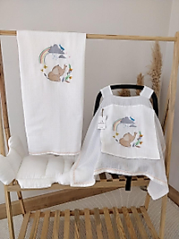 Tek Katlı Müslin Nakışlı Puset Örtüsü+puset Minderi+ Çift Katlı Nakışlı Battaniye Beyaz-fil