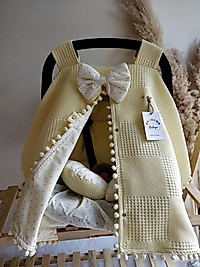 Çift Taraflı Puset Örtüsü+puset Minderi+puset Çarşafı 3'lü Set Sarı-puantiyeli