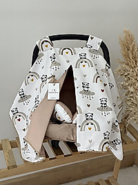 Çift Taraflı Puset Örtüsü Puset Minderi Puset Çarşafı 3'lü Set Bej Gökkuşağı Ve Panda