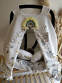 Çift Taraflı Puset Örtüsü+puset Minderi+puset Çarşafı 3'lü Set Beyaz Gökkuşağı