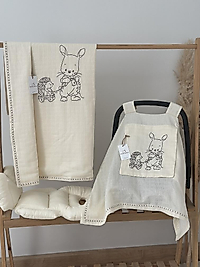 Tek Katlı Müslin Nakışlı Puset Örtüsü+Puset Minderi+ Çift Katlı Nakışlı Battaniye Krem Kirpi-Tavşan