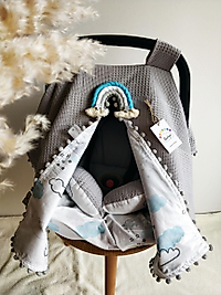 Çift Taraflı Puset Örtüsü+puset Minderi+puset Çarşafı 3'lü Set Gri Turkuaz Bulutlar