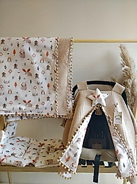 Çift Taraflı Puset Örtüsü+puset Minderi+battaniye Bej Geyik