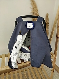 Çift Taraflı Puset Örtüsü+puset Minderi+puset Çarşafı 3'lü Set Indigo Aslan