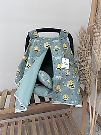 Çift Taraflı Puset Örtüsü+puset Minderi+puset Çarşafı 3'lü Set Yeşil Vızvız Arı