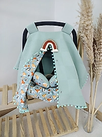 Çift Taraflı Puset Örtüsü+puset Minderi+puset Çarşafı 3'lü Set Yeşil Gökkuşağı Ve Tilki