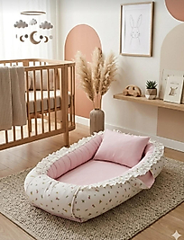 % 100 Pamuklu Poplin Kumaş Fırfırlı Babynest + Yastık Pembe Çiçek Bahçesi