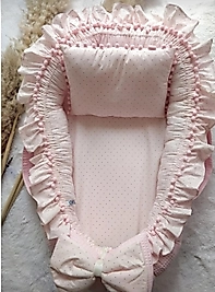 % 100 Pamuklu Waffle Pike, Poplin Kumaş Ponponlu Babynest + Yastık Pembe Puantiyeli