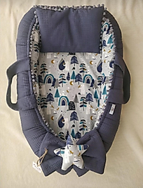 % 100 Pamuklu Waffle Pike, Poplin Kumaş Ponponlu Babynest + Yastık Indigo Kutup Ayısı