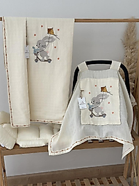 Tek Katlı Müslin Nakışlı Puset Örtüsü+Puset Minderi+ Çift Katlı Nakışlı Battaniye Krem ScooterTavşan