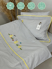 Nakışlı % 100 Pamuk Bebek Nevresim Takımı Kore Stilinde Gri Civciv (Özel Tasarım)