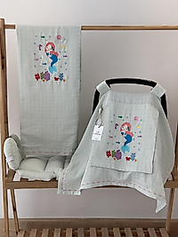 Tek Katlı Müslin Nakışlı Puset Örtüsü+puset Minderi+ Çift Katlı Nakışlı Battaniye Yeşil-Deniz Kızı