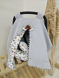 Çift Taraflı Puset Örtüsü+puset Minderi+puset Çarşafı 3'lü Set Gri Gökkuşağı Ve Tilki