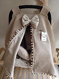 Çift Taraflı Puset Örtüsü+puset Minderi+puset Çarşafı 3'lü Set Bej Puantiyeli