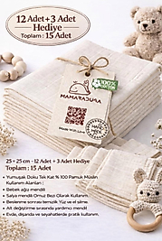12 Adet + 3 Adet Hediye  % 100 Pamuklu Tek Kat Müslin Bebek Ağız Mendili | Yumuşak & Emici | 25×25 cm | Krem