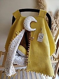 Çift Taraflı Puset Örtüsü+puset Minderi+puset Çarşafı 3'lü Set Hardal Yıldızlar