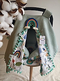 Çift Taraflı Puset Örtüsü+puset Minderi+puset Çarşafı 3'lü Set Yeşil Rengarenk Hayvanlar