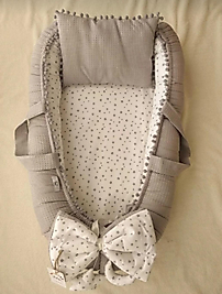 % 100 Pamuklu Waffle Pike Poplin Kumaş Ponponlu Babynest + Yastık Gri Yıldız