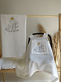 Tek Katlı Müslin Nakışlı Puset Örtüsü+puset Minderi+ Çift Katlı Nakışlı Battaniye Beyaz Prens-tavşan