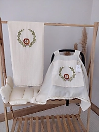 Tek Katlı Müslin Nakışlı Puset Örtüsü+puset Minderi+ Çift Katlı Nakışlı Battaniye Krem-aslan