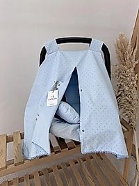 Çift Taraflı Puset Örtüsü+puset Minderi+puset Çarşafı 3'lü Set Mavi Puantiyeli