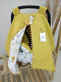 Çift Taraflı Puset Örtüsü+puset Minderi+puset Çarşafı 3'lü Set Hardal Mantar Ve Salyangoz