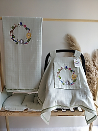 Tek Katlı Müslin Nakışlı Puset Örtüsü+puset Minderi+ Çift Katlı Nakışlı Battaniye Açık Yeşil Safari