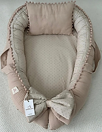 % 100 Pamuklu Waffle Pike, Poplin Kumaş Ponponlu Babynest + Yastık Bej Puantiyeli