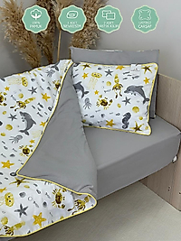 % 100 Pamuk Bebek Çift Taraflı Nevresim Takımı Gri Deniz Canlıları (El Emeği)